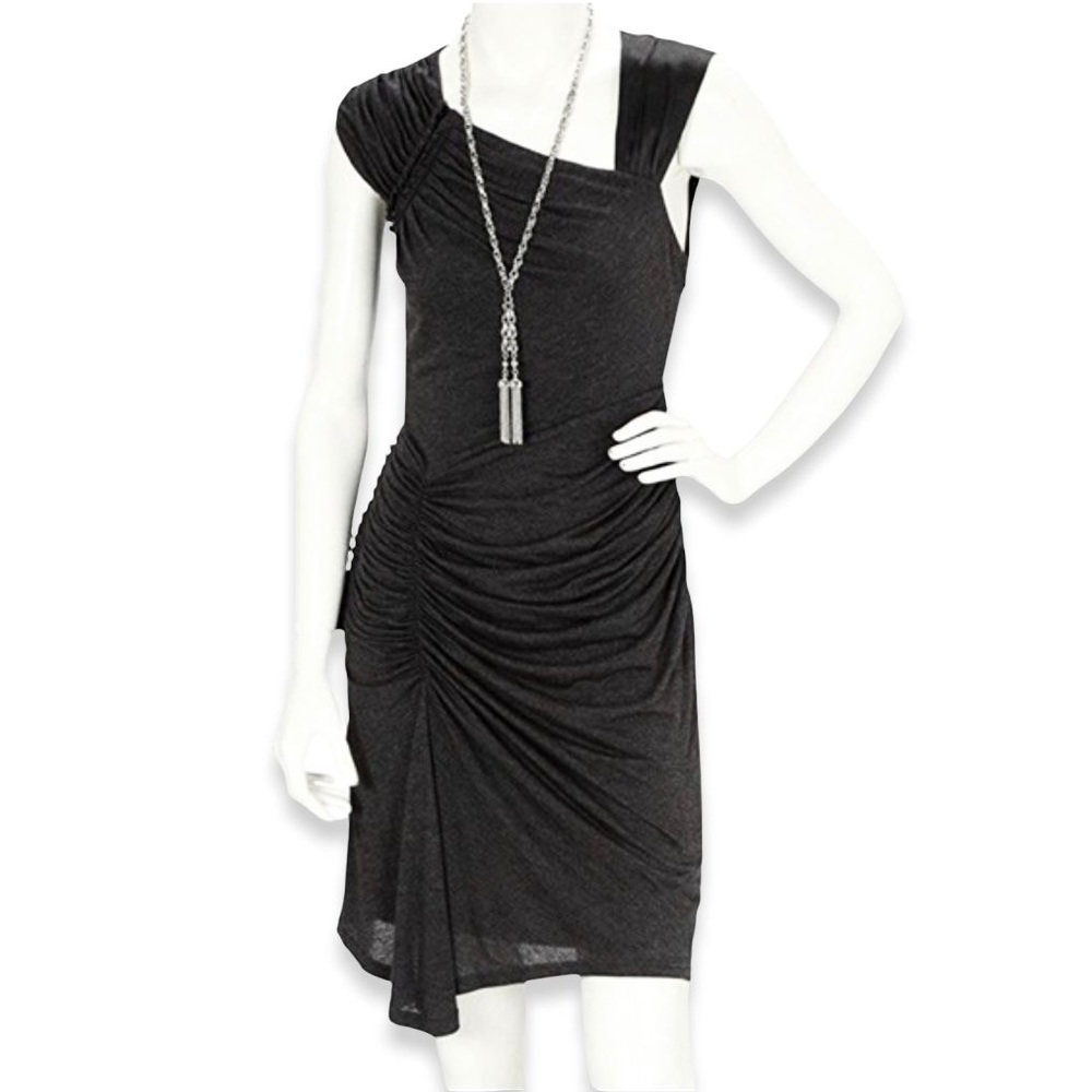 KAREN MILLEN Charcoal Gray Asymmetrical Ruched Drape Silk & Jersey Dress